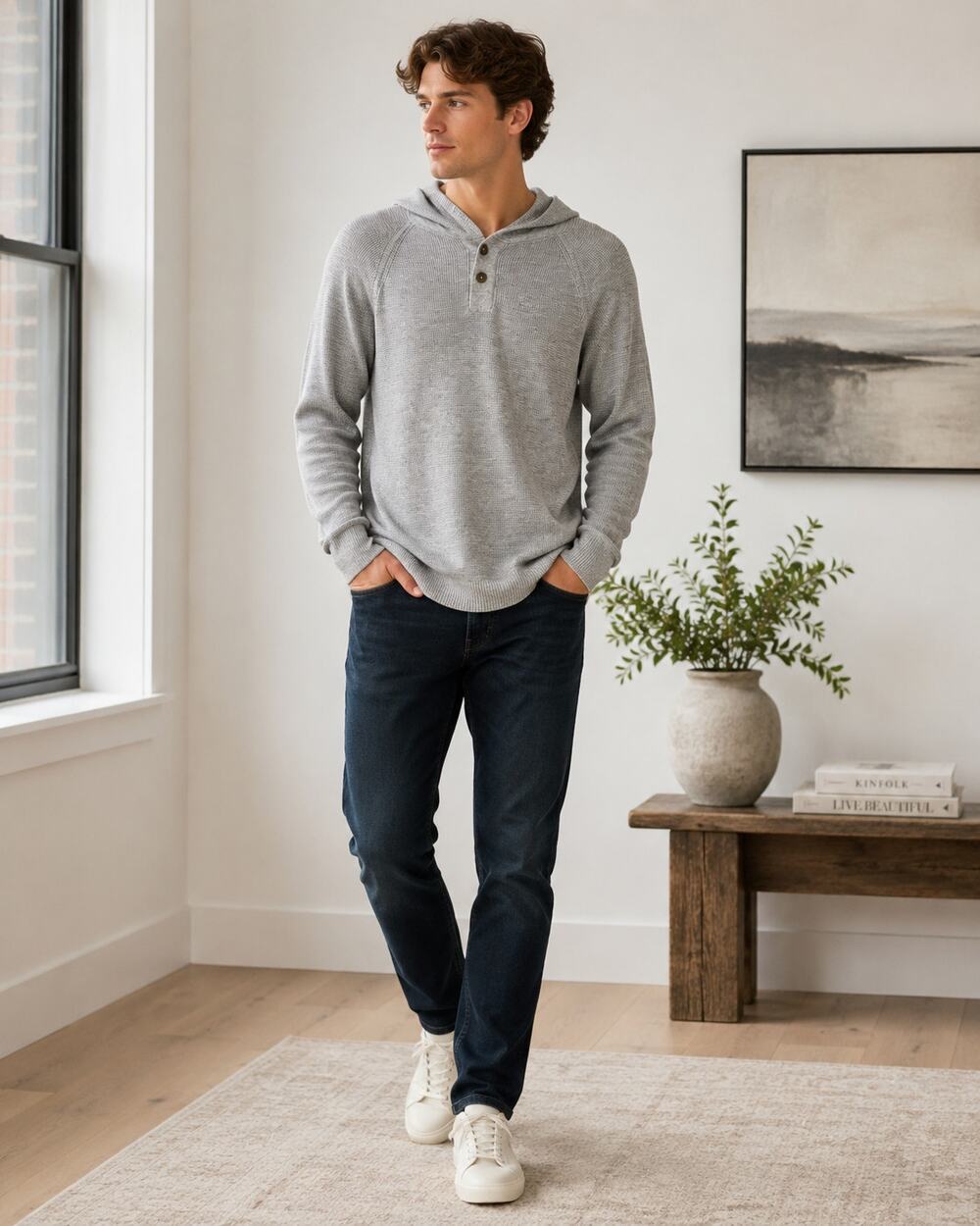 Prana Grey Thermal Knit Hooded Henley Mens Pullover Sweater M Casual